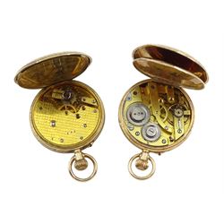 9ct gold open face ladies keyless lever fob watch, London import marks 1912 and one other 9ct rose gold open face ladies keyless pocket watches, Glasgow import marks 1913?, both with gilt dials and Roman numerals   