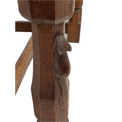 Mouseman - circa. 1930s set of six (4+2) oak dining chairs, panelled back carved with the Bagshawe family crest, the moto 'Forma Flos Fama Flatus' over an arm grasping a bugle-horn with ribbon tie and Yorkshire rose motif, adzed frame, leather lattice strap seat, on octagonal supports united by stretchers, two carvers and four side chairs, each carved with mouse signature, by Robert Thompson of Kilburn 

Provenance: Owned since manufacture by the Bagshawe family, descendants of the Staithes Group Artist Joseph Richard Bagshawe RBA (1870-1909).