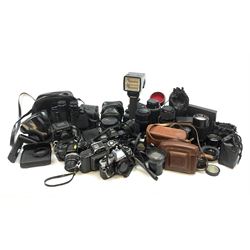 Vintage cameras lenses and accessories including Olympus 'OM10' camera body, Olympus 'OM4' camera, 'Olympus OM-System Zuiko auto-zoom 35-70mm 1:4' lens, various other lenses, tasco binoculars etc, in one box