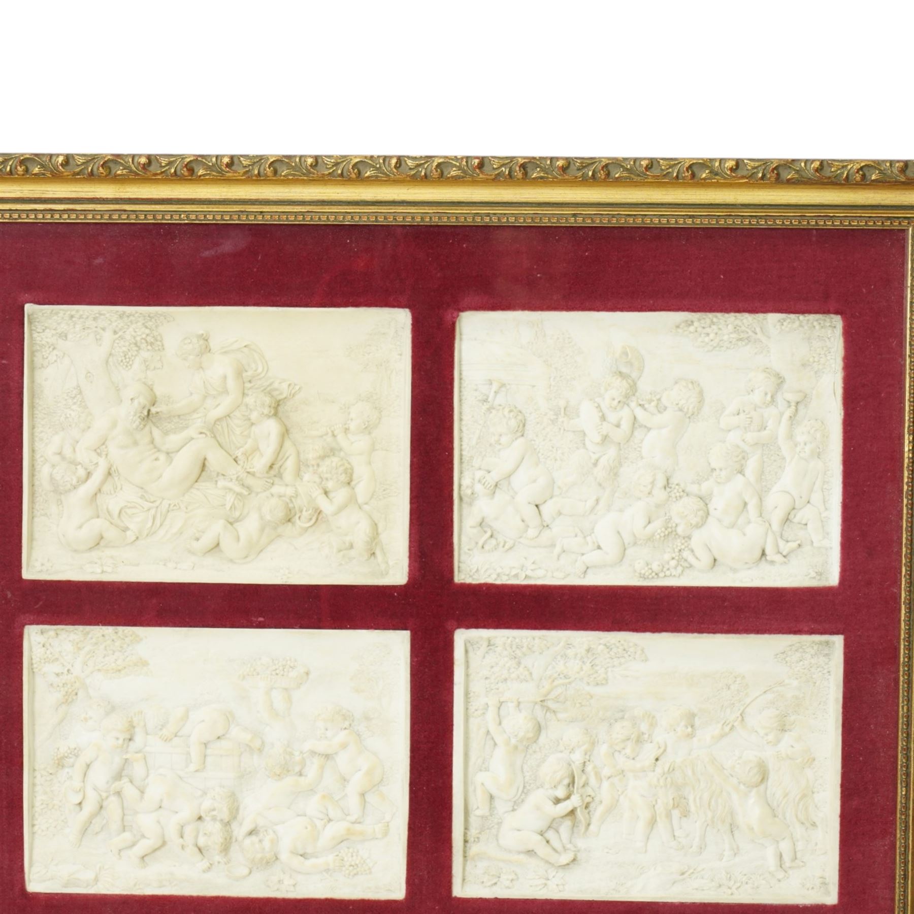 Set of six 19th century relief moulded plaster plaques depicting cherubs, possibly from the Mintons Museum and formerly from the estate of a Mintons artist each 11cm x 15cm in one frame