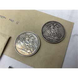 Mostly Great British coins including Queen Victoria 1887 and 1888 crowns, pre-decimal coinage, various five pound coins etc and a WWI War and Victory medal pair named to '16903 PTE. H. SCHOFIELD. 2-CO. OF LOND. Y.'