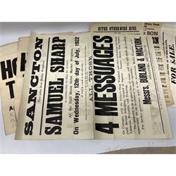 Seven late 19th/early 20th century auction posters of Hull/Yorkshire interest for properties in Hithe (Hive) 1852, South Cave 1880, Ellerker 1904, Hive 1921, Osbaldwick 1921, Balfour Street Hull 1922 and Sancton 1922; another for Cumberland 1824; two early 'This House To Let' posters; posters unframed and folded; and auction particulars for Gator Court, Ashburton, South Devon 