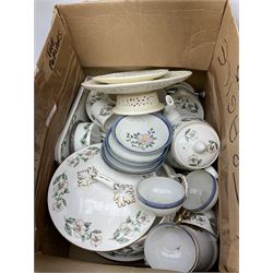 Collection of tea and dinner wares, including an extensive set of 'Christmas Rose' Crown Staffordshire, including tea and coffee wares and two lidded tureens, a blue and white decorated set of cups and saucers, cake stand etc, three boxes . 