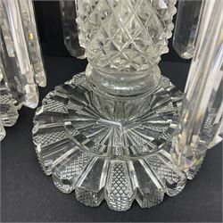 Pair of Victorian clear glass lustres, each with two tiered cut glass bowls supporting cut clear glass lustre drops upon central hobnail cut stem, H29cm