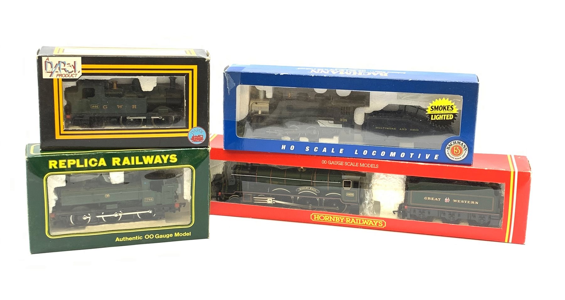 HO scale/'00' gauge - four locomotives comprising Bachmann Baltimore & Ohio USRA 0-6-0 with smoke facility and sloped tender; Hornby Class 49XX 'Hall' 4-6-0 'Hagley Hall' No.4930; Replica Class 57XX Pannier Tank 0-6-0T No.7768; and Dapol Class 14XX 0-4-2 tank, all boxed and virtually mint (4)