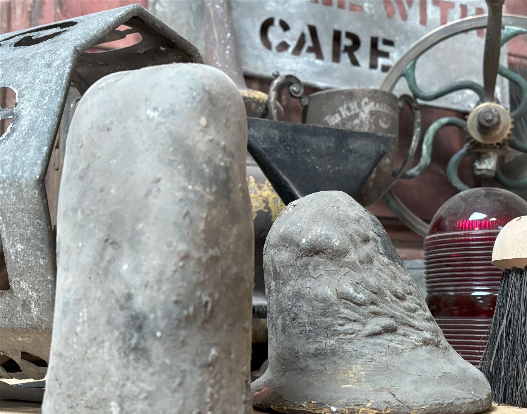 Group of unusual decorative items, to include stencils, finials, hand cranked brass fireplace bellows, a large turned and painted finial, etc.  - COLLECTION BY APPOINTMENT FROM: The White House, Thirsk Road, Easingwold, York, YO61 3NF - CALL 01723 507111 TO ARRANGE