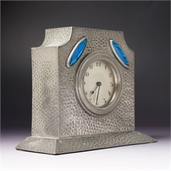 Arts and Crafts planished pewter mantel clock, possibly Tudric for Liberty & Co, with inlaid blue enamel in the form of two leaves, apparently unmarked, 11.5cm 
