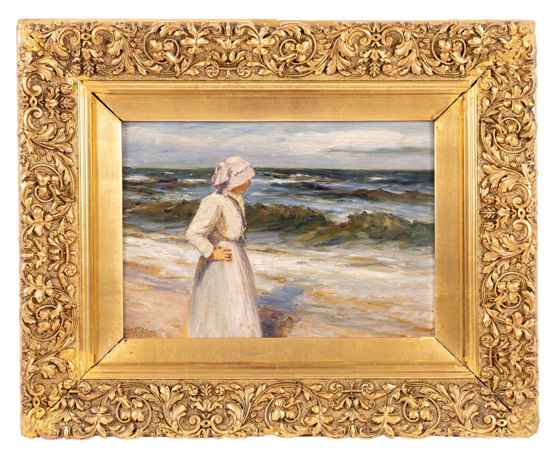 Robert Jobling (Staithes Group 1841-1923): Staithes Fishergirl Looking Out to Sea, oil on canvas signed 25cm x 35cm