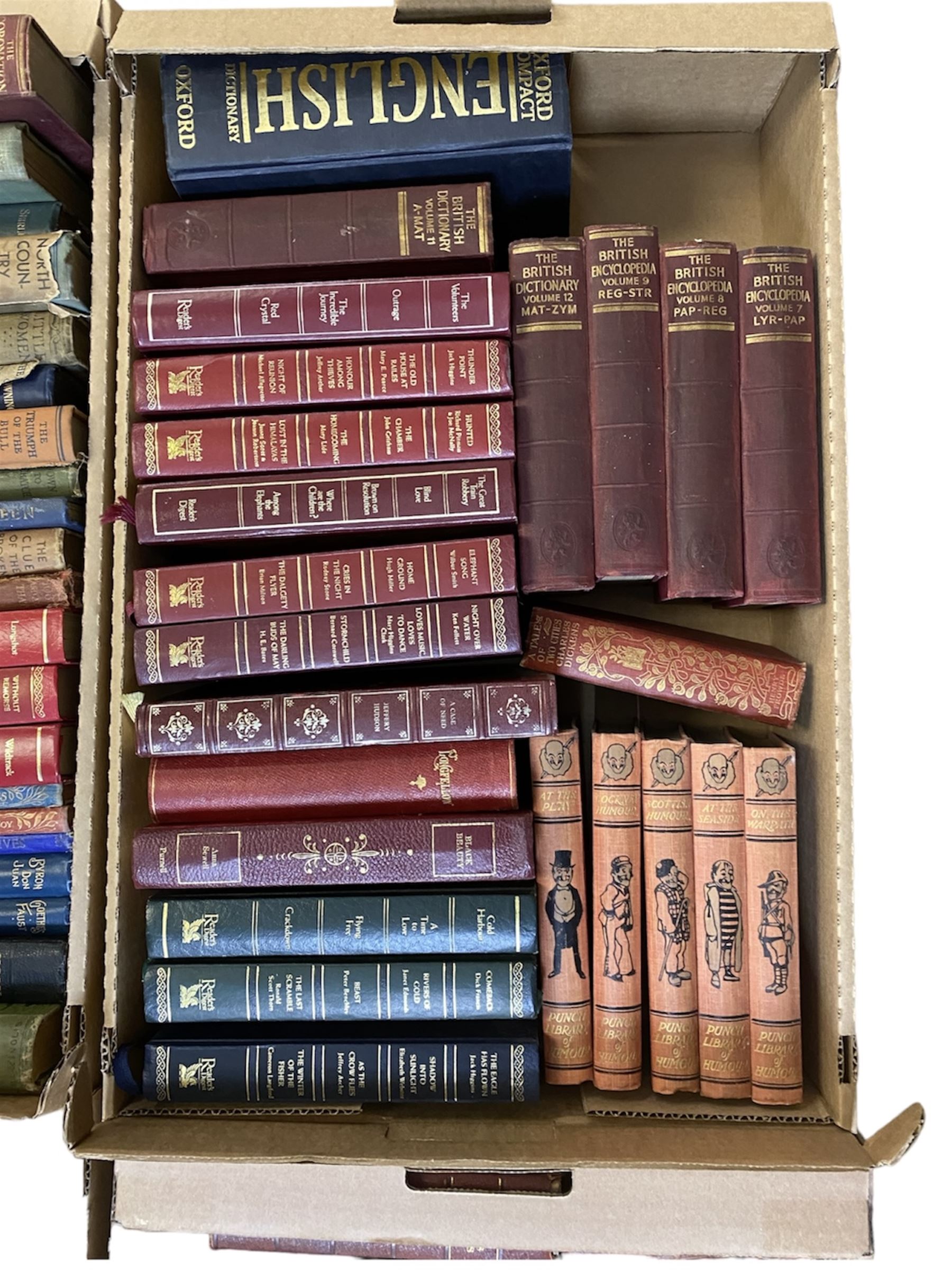 Large collection books, to include Dickens novels, Punch Humour, British Encyclopaedia volumes and six volumes of Crowned Masterpieces of Eloquence, etc, in four boxes 