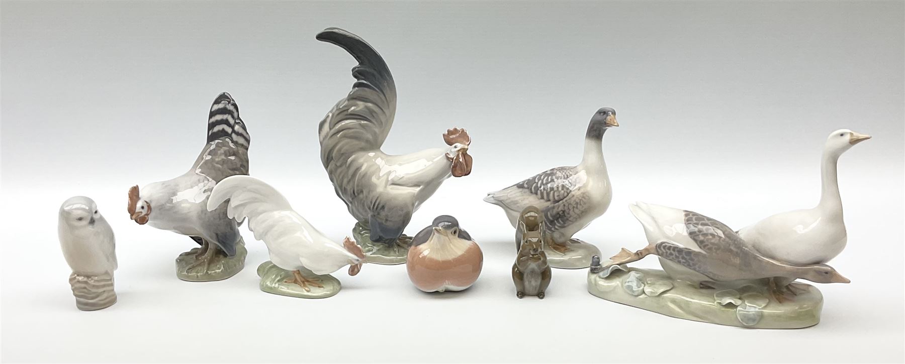 Eight Royal Copenhagen figures, cockerel 1025, hen 1024, group of two geese 609, robin 2266, squirrel 982, cockerel 1127, goose 1088 and owl 1741.  