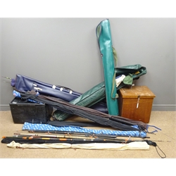  Quantity of mixed fishing rods including boat rods, sea fishing rods, coarse rods, by Daiwa etc, and a fishing tripod, in three rod bags and loose and two fishing boxes   
