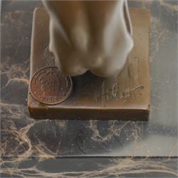 Bronze figure after Milo, a 'Power Of Silence', modelled as a male athlete crouched with arms outstretched upon a marble plinth, signed Milo, H15cm