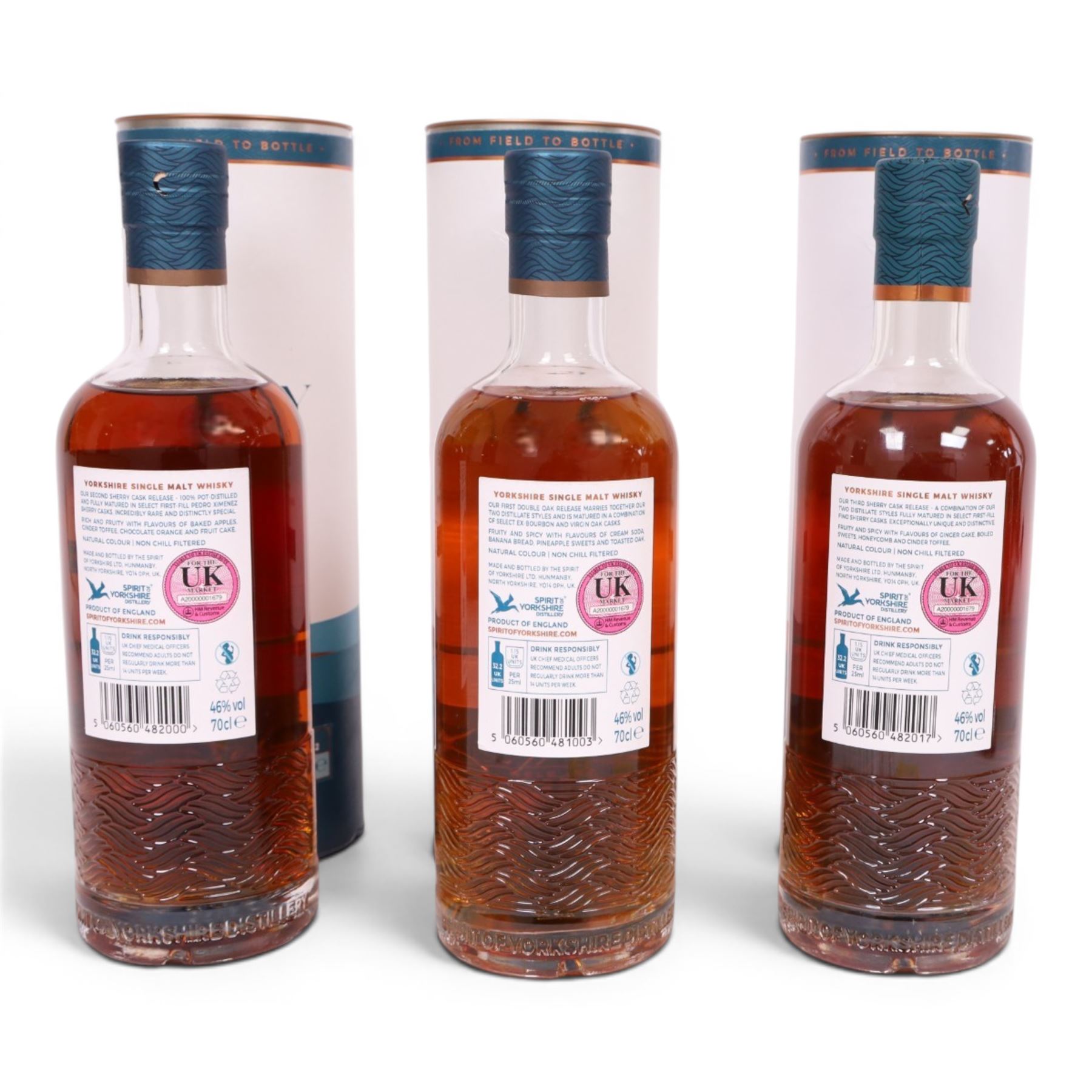 Sprit of Yorkshire Distillery, Filey Bay Sherry Cask Reserve #2  single malt whisky, 70cl 46% vol, Sherry Cask Reserve #3  single malt whisky, 70cl 46% vol and Filey Bay Double Oak #1  single malt whisky, 70cl 46% vol