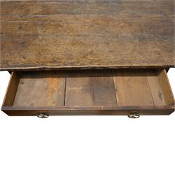 18th century oak side table, two plank rectangular top over single drawer, on turned supports united by plain stretchers 