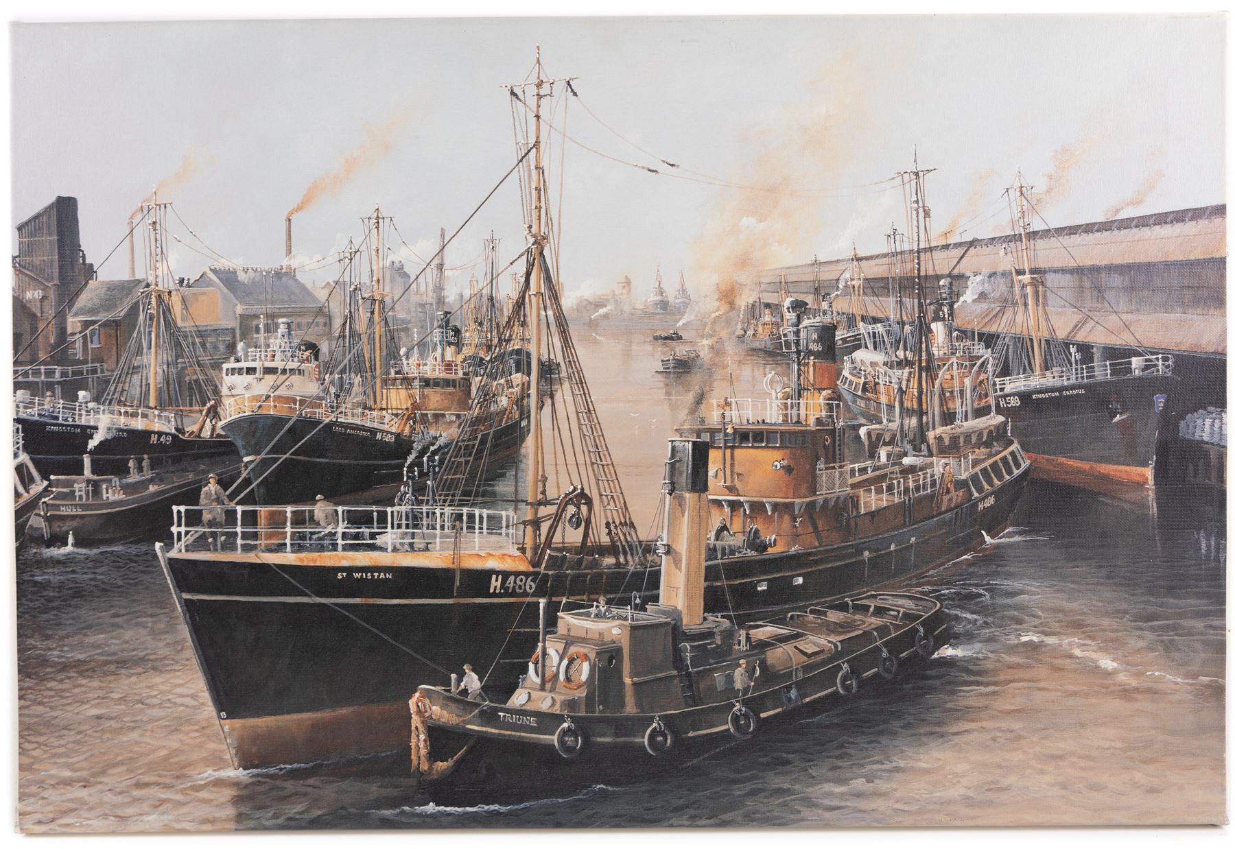 Adrian Thompson (British 1960-): The SS Gothic Docked in a Shipping Yard, oil on canvas signed 51cm x 76cm; together with another print (2) (unframed)