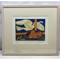 Michael Kirkman (British 1986-): 'Fruit and Flame', linocut signed titled and numbered 17/20 in pencil 30cm x 38cm