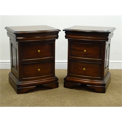  Pair mahogany bow fronted bedside chests, moulded top, single frieze drawer and two drawers, shaped bracket supports, W50cm, H66cm, D43cm  