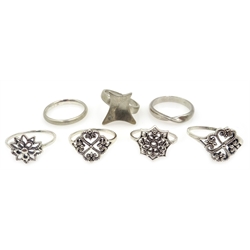  Silver bracelets, duck and elephant keyrings, brooches, rings and earrings, stamped or hallmarked (27)  
