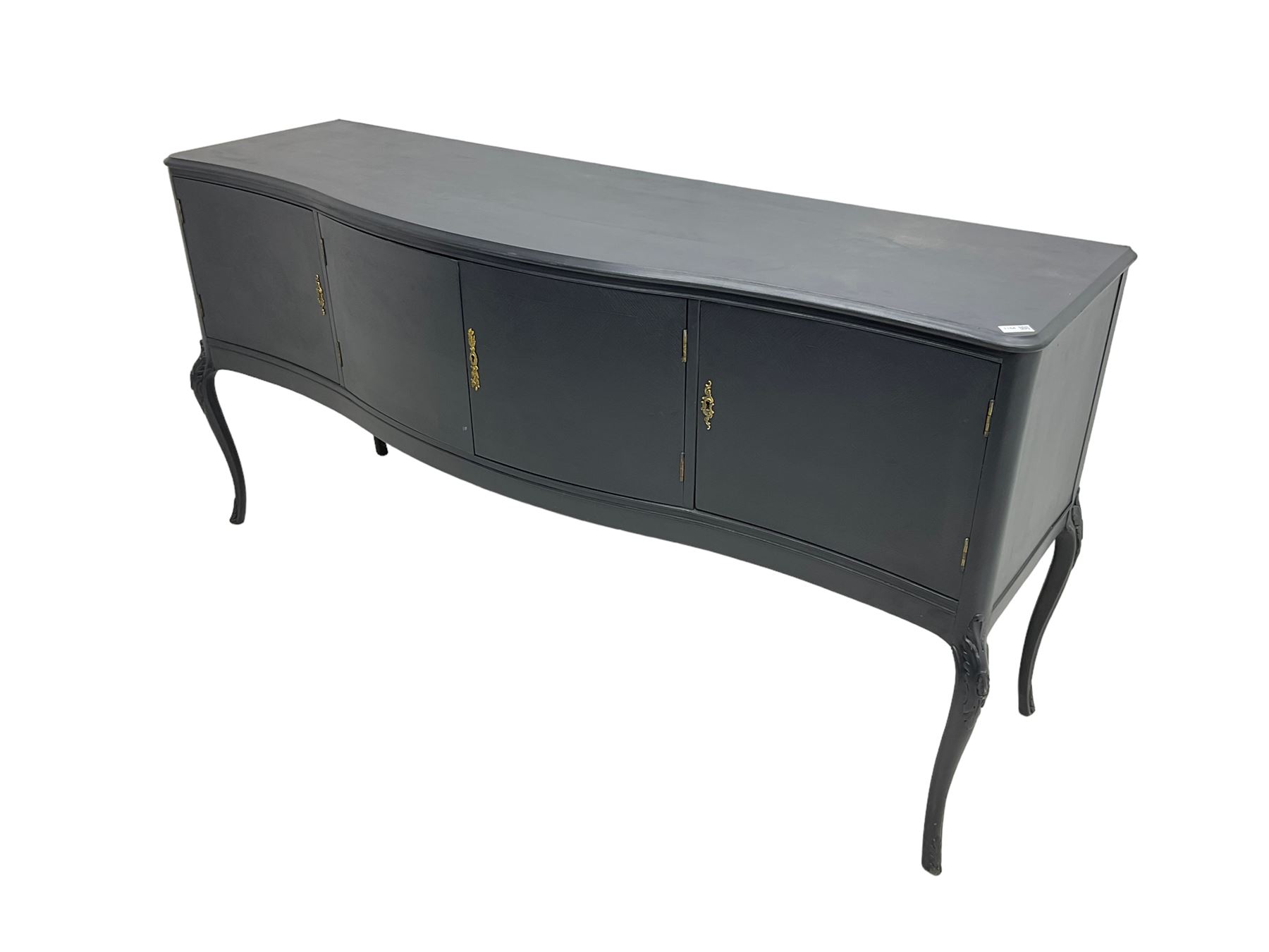French design grey painted teak serpentine sideboard, the shaped front fitted with central double cupboard flanked by two single cupboards, each concealing drawer, on cabriole supports