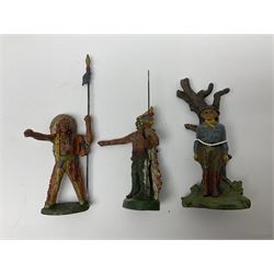 Five Elastolin American Indian figures, together with an Elastolin campfire and a cowboy tied to a tree, tallest H11cm