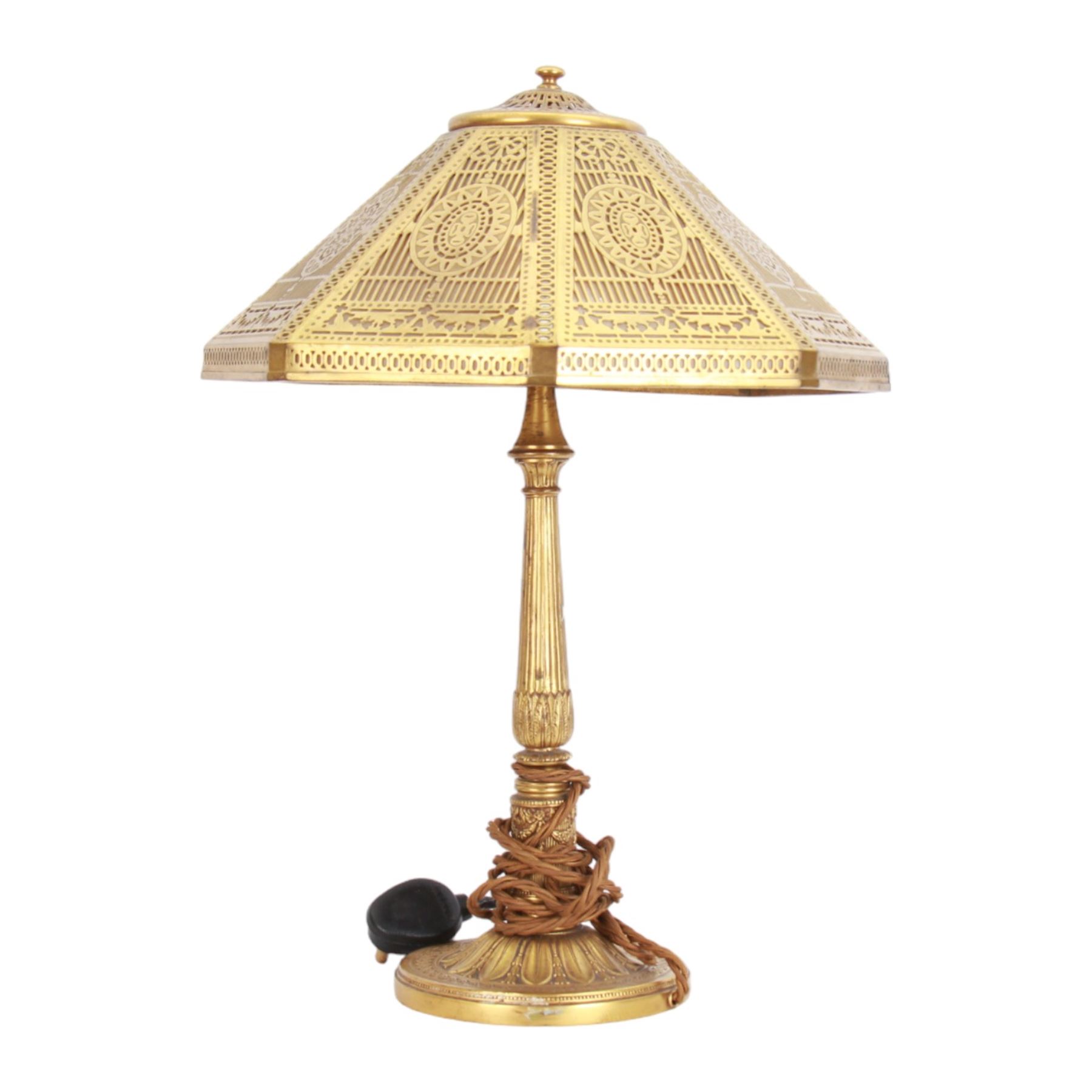 In the manner of Tiffany & Co, early 20th century gilt bronze Adam pattern table lamp, circa 1910, the circular spreading base decorated with flower heads and beaded bands, stiff leaves and husks, leading to a reeded column detailed with stiff leaves and swags, supporting a pierced octagonal shade, with original fittings, stamped beneath Tiffany Studios New York 539, overall H44.5cm


