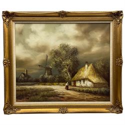 Continental School (20th century): Village Windmill, oil on canvas signed 50cm x 60cm in swept gilt frame aperture 20