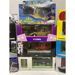 Corgi - sixteen TV/Film related die-cast models including Fawlty Towers, Bullitt, Beatles, Buster, Mr. Bean, Some Mothers,  Monkees, Ballykissangel, Heartbeat, The Avengers, Smokey & The Bandit etc; all boxed (16)