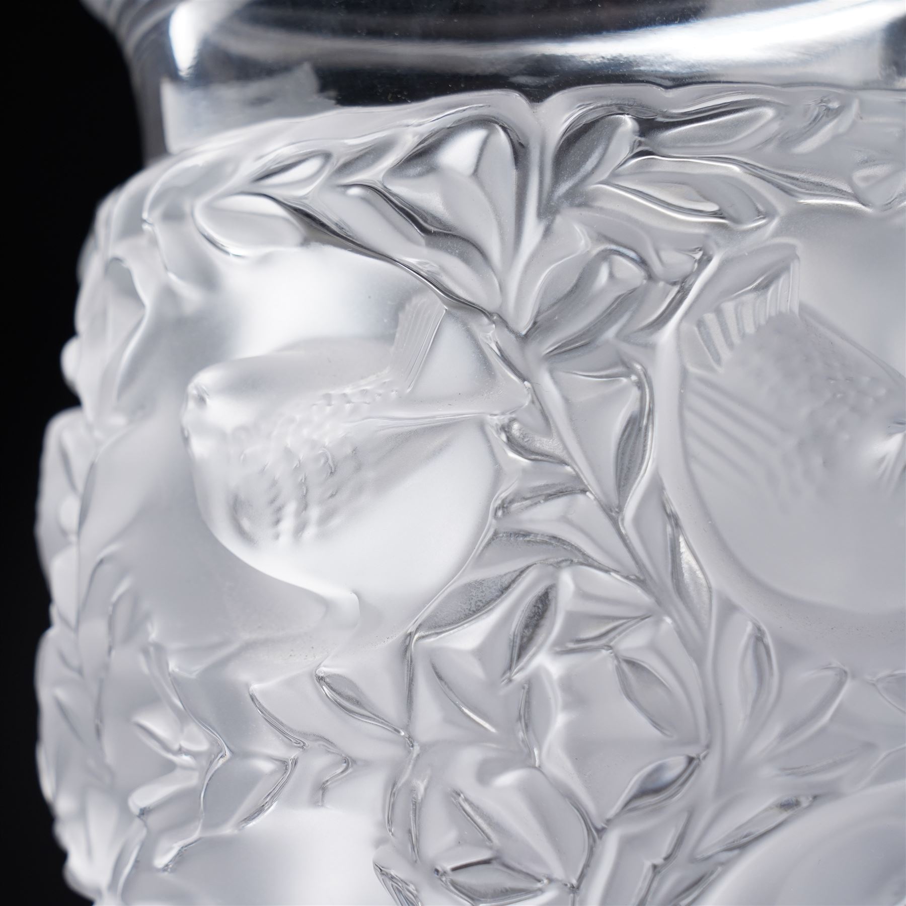 Lalique 'Bagatelle' frosted glass vase, decorated with sparrows in a hedge, marked Lalique France to base, H17cm 
