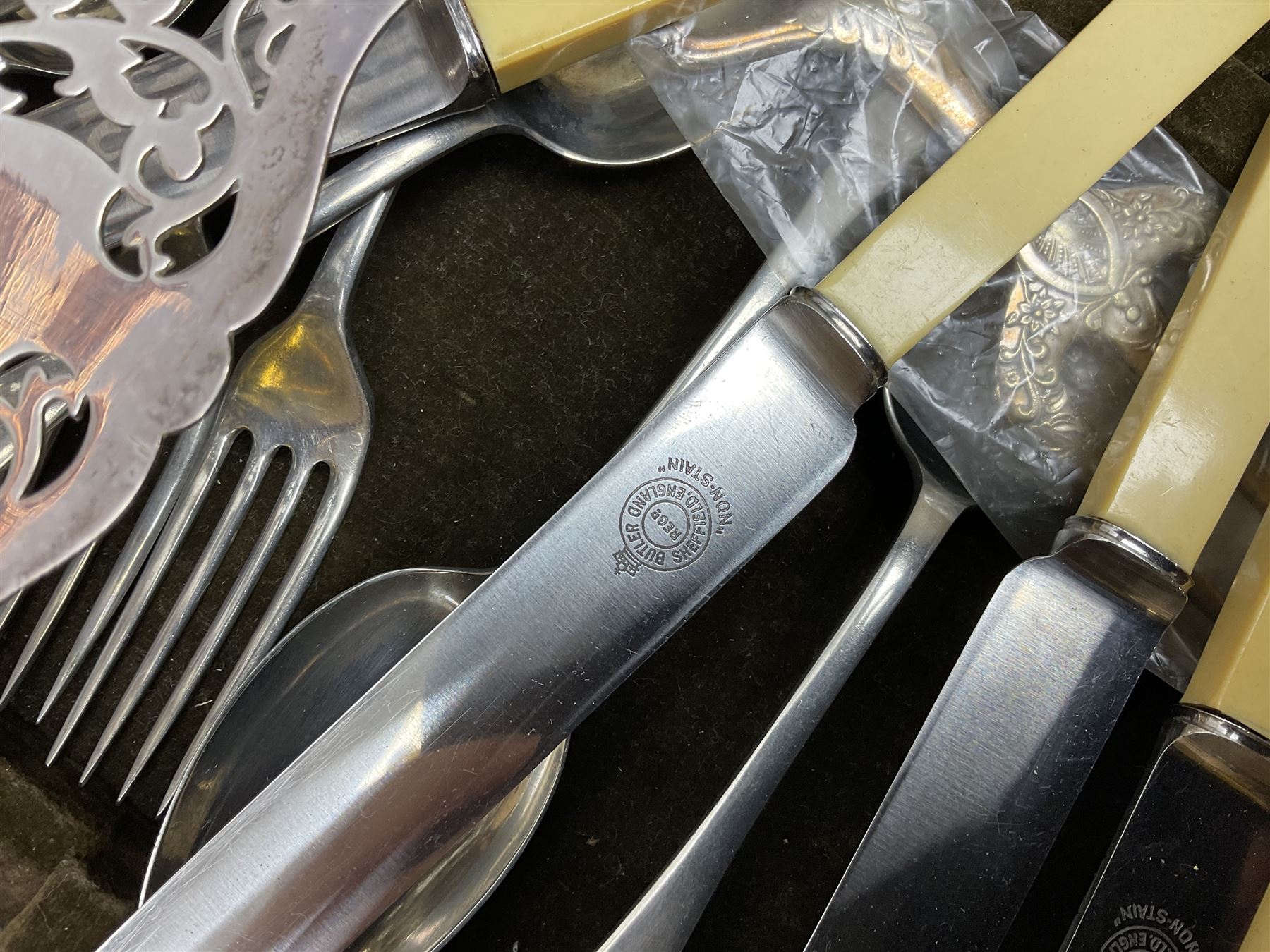 Brass middle Eastern coffee pot, part canteen cutlery, AA badge, Royal Vale teawares, other ceramics etc in two boxes