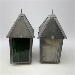 Pair of hand crafted remote control colour changing stained glass lanterns, H43cm.
