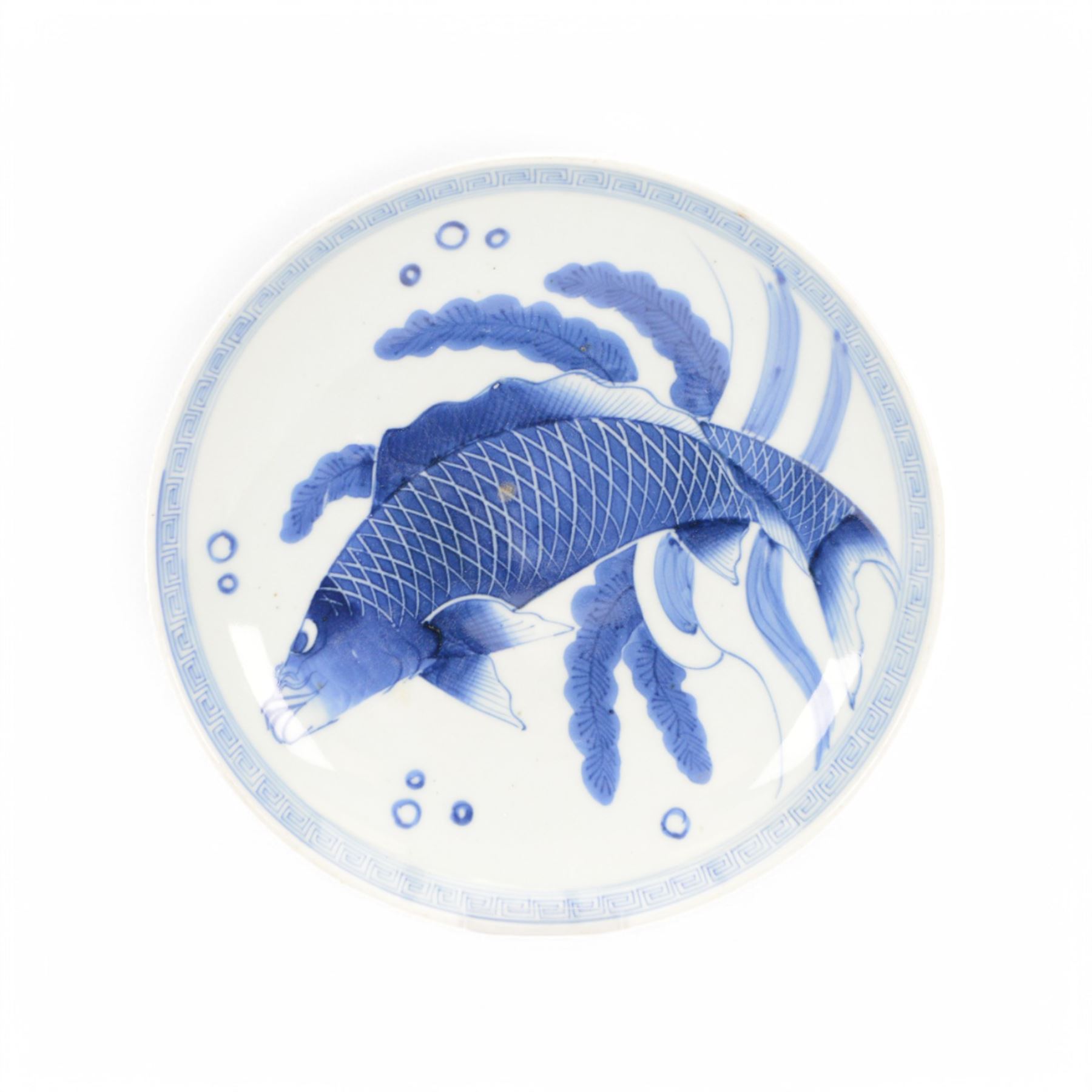 Chinese blue and white charger, decorated with koi carp to centre with key border, D29cm