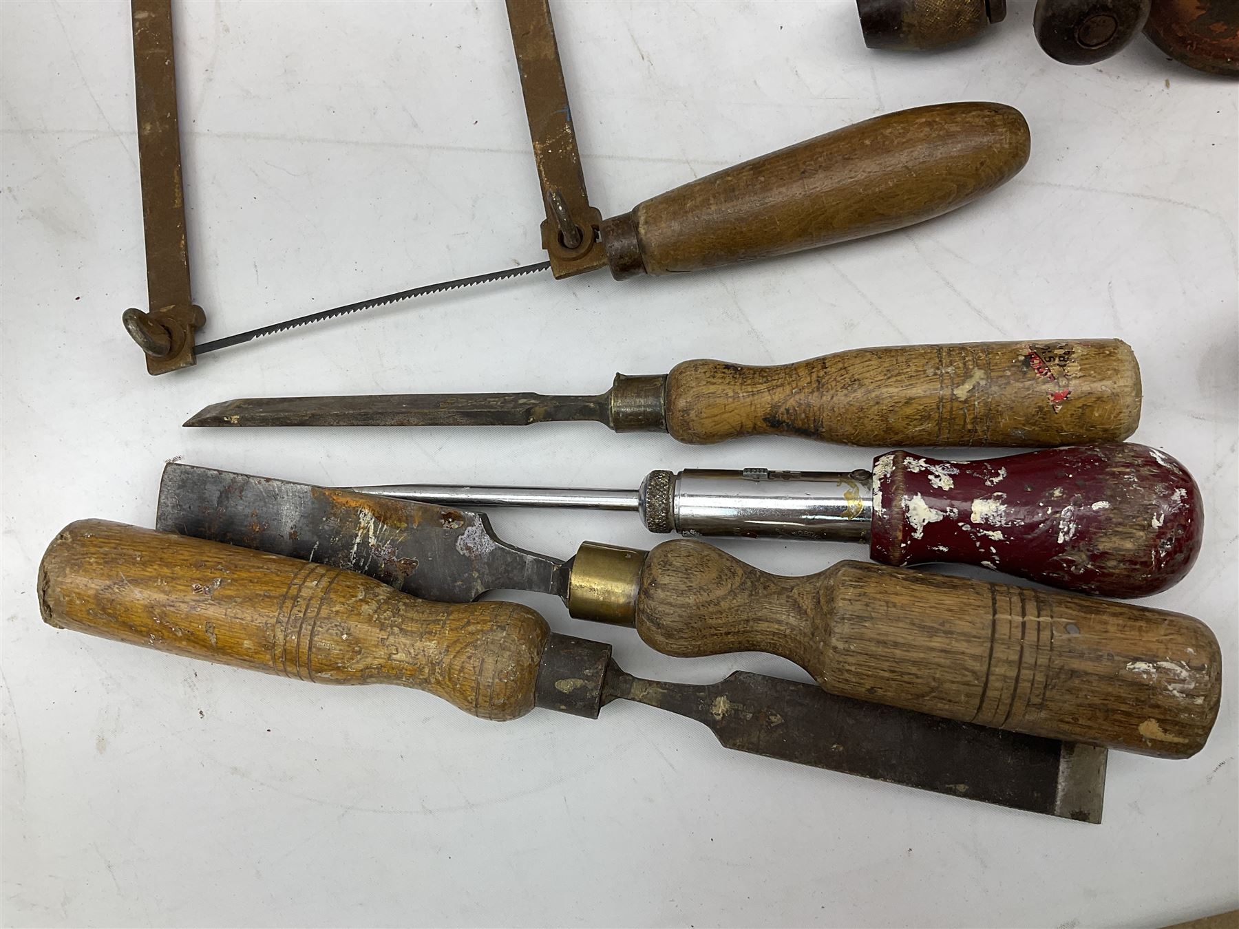 Quantity of woodworking tools, comprising hand drills to include Stanley No. 803 and No. 5803, Qualcast Clipper etc, together with collection of planes to include moulding examples and rebate plane of stepped form, and further tools including chisels etc