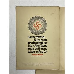 Collection of eight pre-WW2 German Propaganda poster style cards each printed in black and red with sayings by NSDAP leaders and German historical leaders,  featuring quotes by Adolf Hitler, von Goethe, Rosenberg, Magnus Wehner, Moltke, Kolbenheyer etc, each dated 1938 35 x 23.5cm unframed (8)