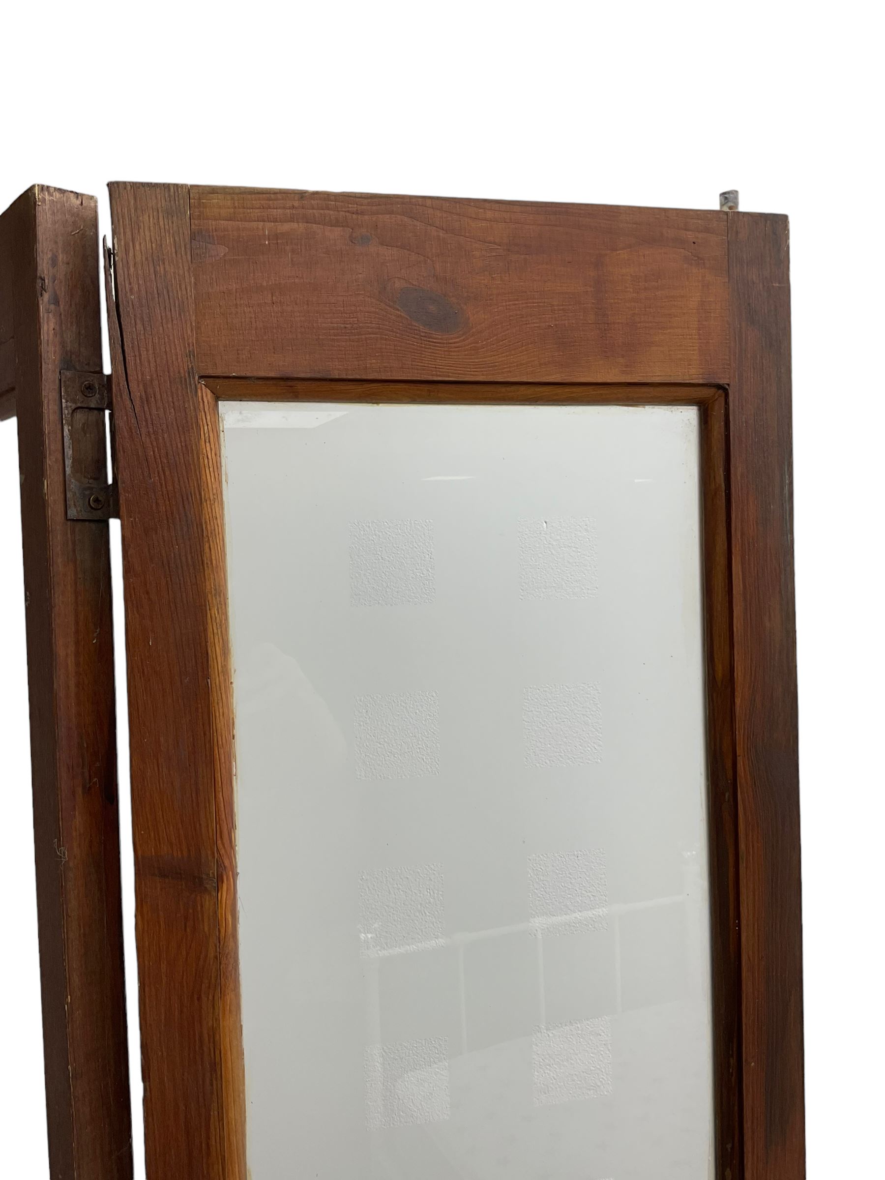 Two double pine room dividers or doors, frosted glass glazed with cube design over panels, in polish finish (74cm x 195cm each double total)