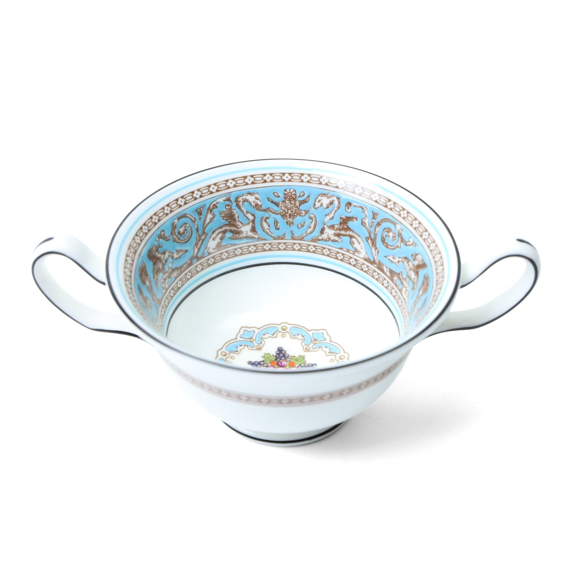 Extensive Wedgwood Turquoise Florentine part service tea, dinner and coffee service for six covers comprising six dinner plates, six dessert plates, six soup bowls and stands, pair of vegetable dishes and covers, gravy boat ad stand, oval meat plates, six tea cups and saucers, six coffee cans and saucers, six tea plates, teapot, coffee pot, sucrier and cover, sugar bowl, milk and cream jugs and cake plate, 72 pieces
