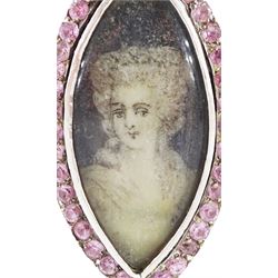 18th / 19th century gold and silver paste stone set portrait ring, the navette bezel set with a miniature of a woman on ivory, under a glazed panel, within a pink paste border and trifurcated shoulders. This lot has been registered for sale under Section 10 of the APHA Ivory Act
