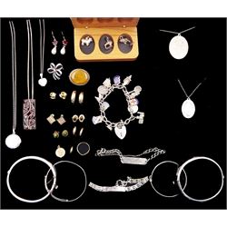 9ct gold jewellery including six pairs of earrings, ring and pendant, silver jewellery including charm bracelet, bangles, charms, pendant necklaces and earrings