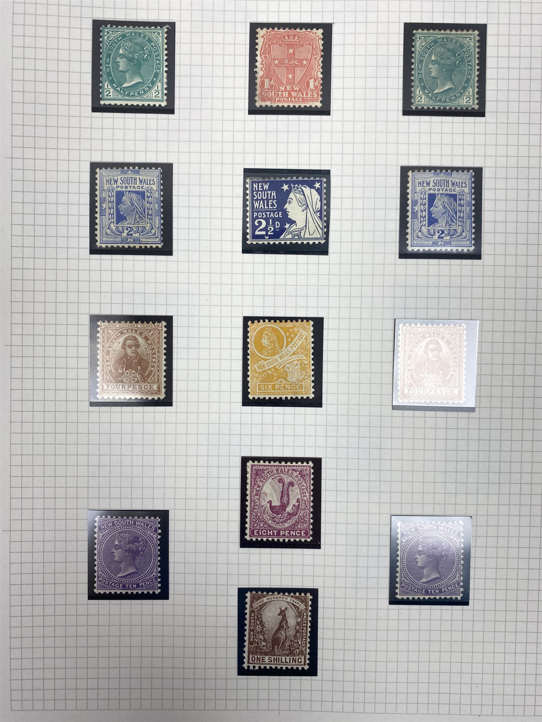 Australia New South Wales stamps, including 1850-4 various imperf issues, 1854-6 including five pence, six pence, one shilling etc, 1856-60 registered letter stamps, 1861-88 five shillings etc, housed on pages