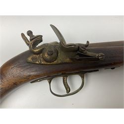 Leather covered swagger/sword stick with 40cm steel blade L62cm overall; another ash sword stick with 30cm diamond section steel blade; pair of fencing foils, the blades marked Solingen; two reproduction flintlock pistols; and 92cm inert cartridge belt (7)