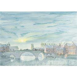 English School (20th century): Ouse Bridge at Dusk, watercolour possibly signed below the mount 51cm x 71cm; Glen Marshall (British Contemporary): A Yorkshire Countryside Path, watercolour signed 51cm x 71cm, in matching gilt frames (2)