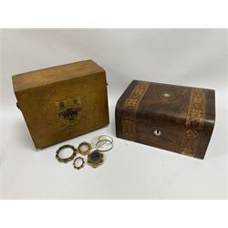 Victorian walnut box with Tunbridge ware banding and mother-of-pearl inlay, W29.5cm H14cm, together with first aid kit box and Group of early 20th century ornate gold plated (tested) and gilt brooch frames and panel fronts