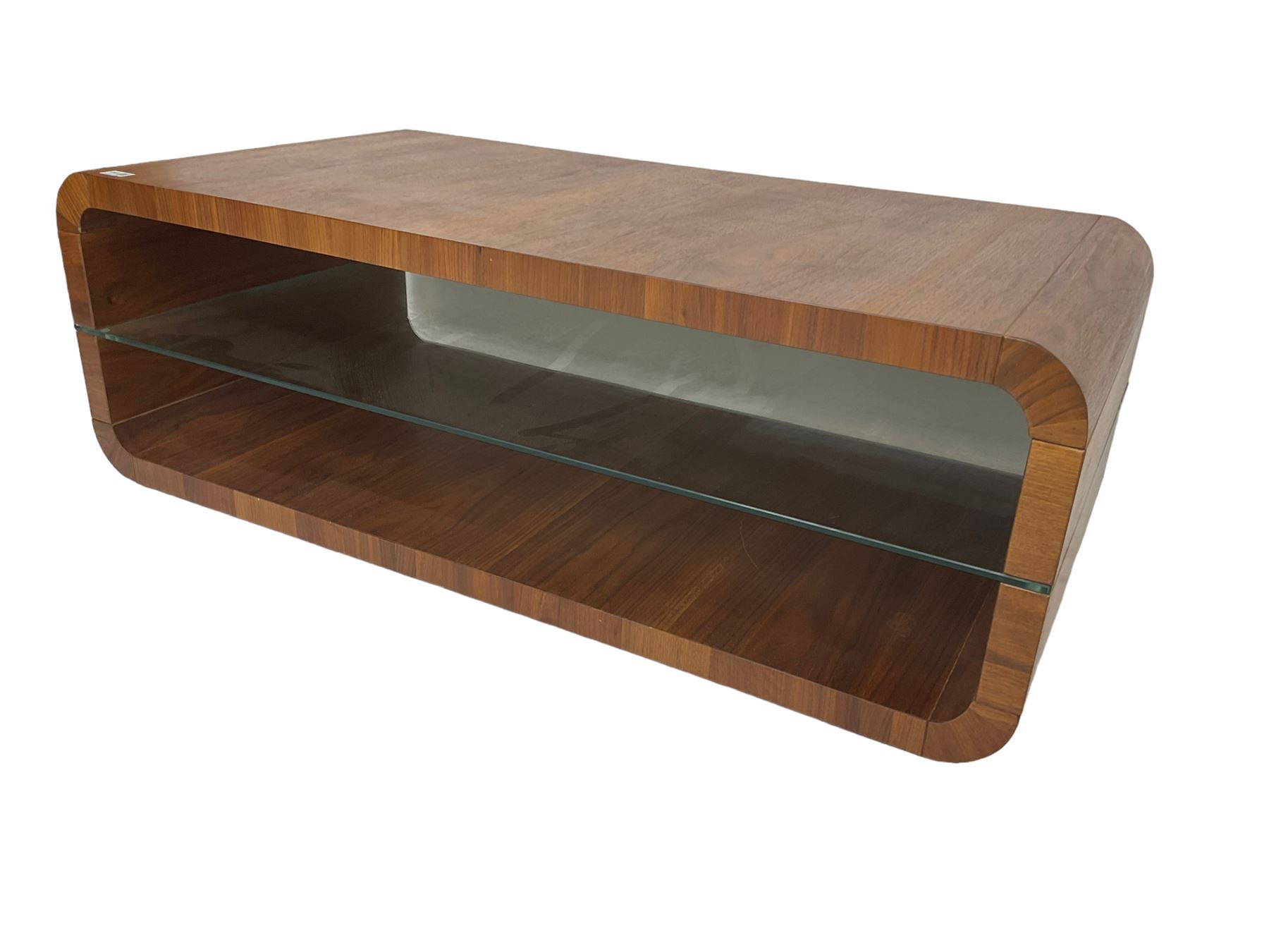 Contemporary walnut coffee table, curved rectangular form, fitted with central glass shelf
