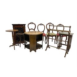 Two wine tables, pair Victorian chairs, pair Victorian style chairs, inlaid corner cabinet, nest of tables, early 20th century oak coffee table with book shelves, and a towel rail (10)