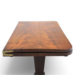 Victorian figured mahogany side table, fold-over swivel extending top, tapering square column above quatrefoil base