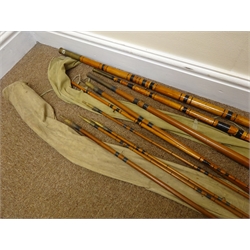  Charles Farlow & Co Makers 191 Strand London 16ft 4 piece greenheart Salmon fishing rod, butt fitted with brass reel fittings and twist lock ferrules, with two additional tips, and a vintage 13ft 6in 3 piece bamboo Coarse fishing rod, both in bags (2)  