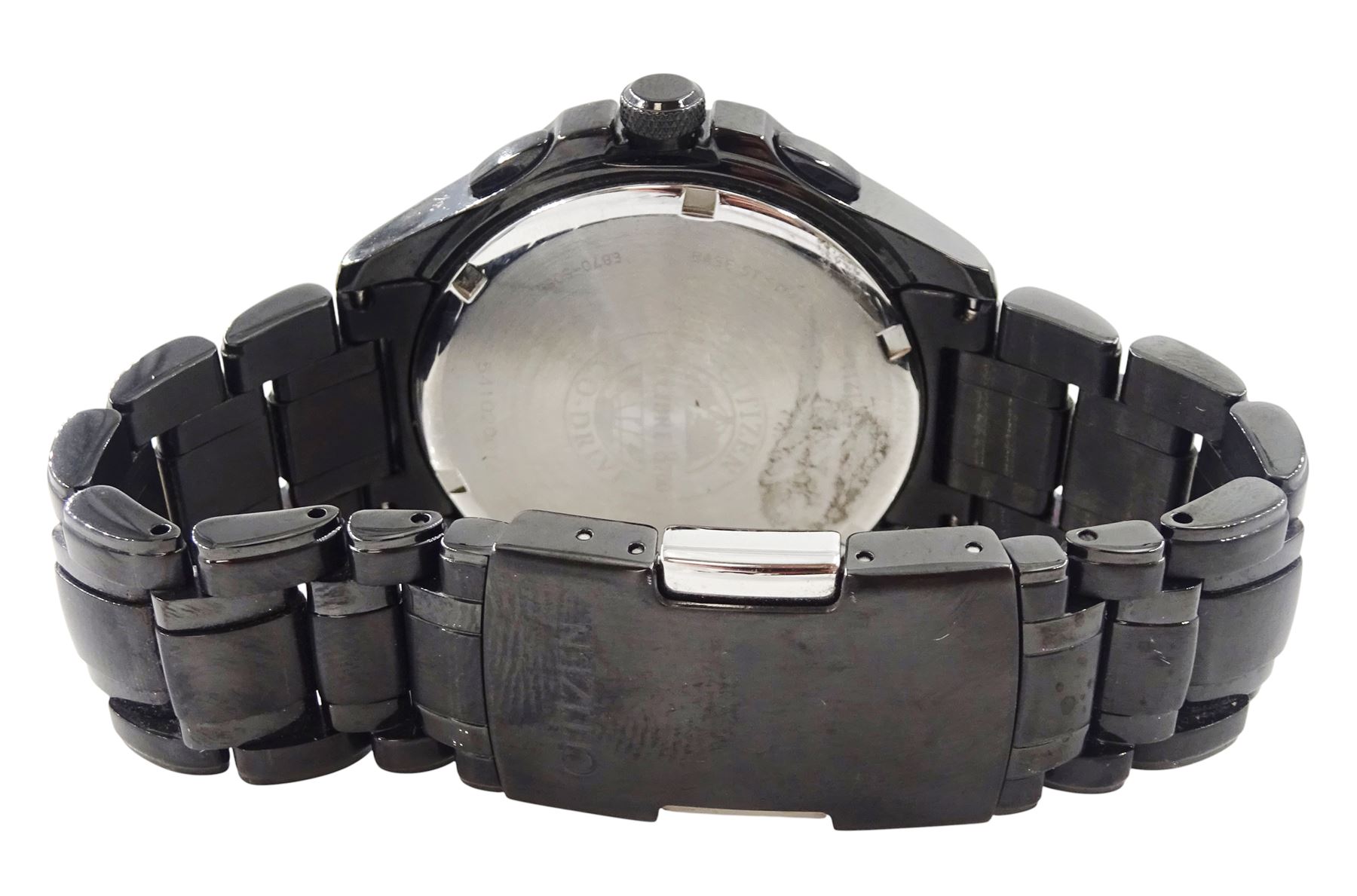 Citizen Eco-Drive Perpetual Calendar gentleman's black stainless steel quartz wristwatch, Ref. WR 100, on original strap with fold-over clasp