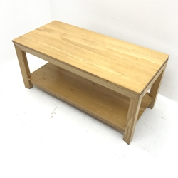 Light oak two tier coffee table, tapering supports, W110cm, H50cm, D51cm