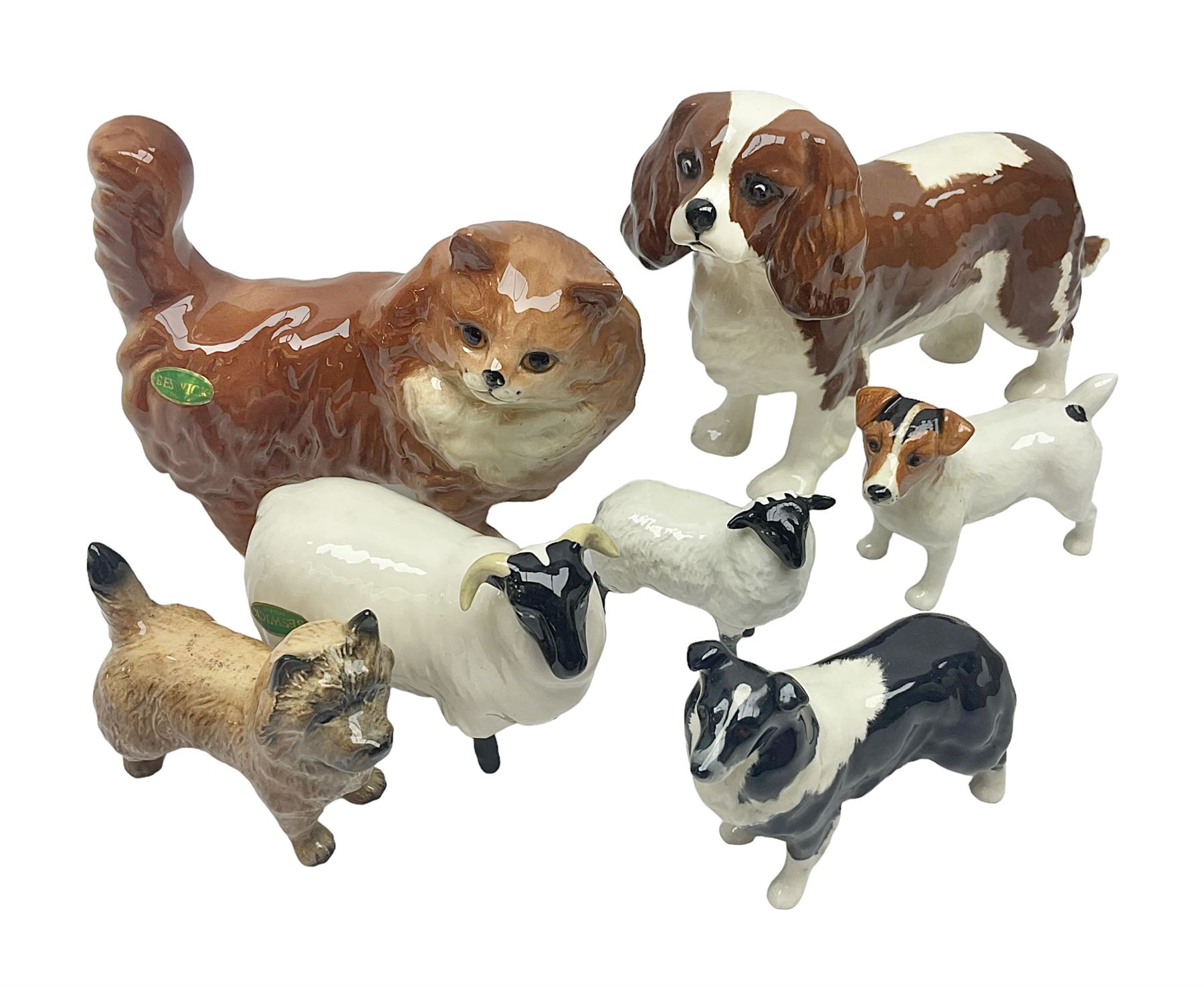 Seven Beswick figures, to include King Charles Spaniel 2107A, ginger cat 1898, Jack Russell 2109 etc