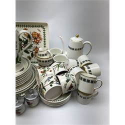 Portmeirion Botanical Garden tea wear, comprising of cafeteria, tea pot, eleven tea cups and saucers, milk jug, two mugs, twelve plates of various sizes, a tray and two ramekins, Crown Staffordshire Tobago pattern coffee set, comprising of coffee pot, sugar bowl, milk jug and six cups and saucers. 