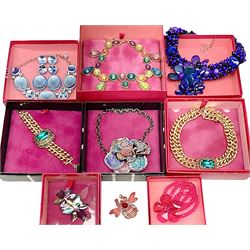 Butler and Wilson jewellery including large crystal rose necklace, crystal bee brooch, blue purple hardstone and crystal choker, gilt collar set with large green and multicoloured crystals and matching bracelet, flower hairclip, blue crystal necklace with two pairs of matching earrings and flower bracelet, all  boxed